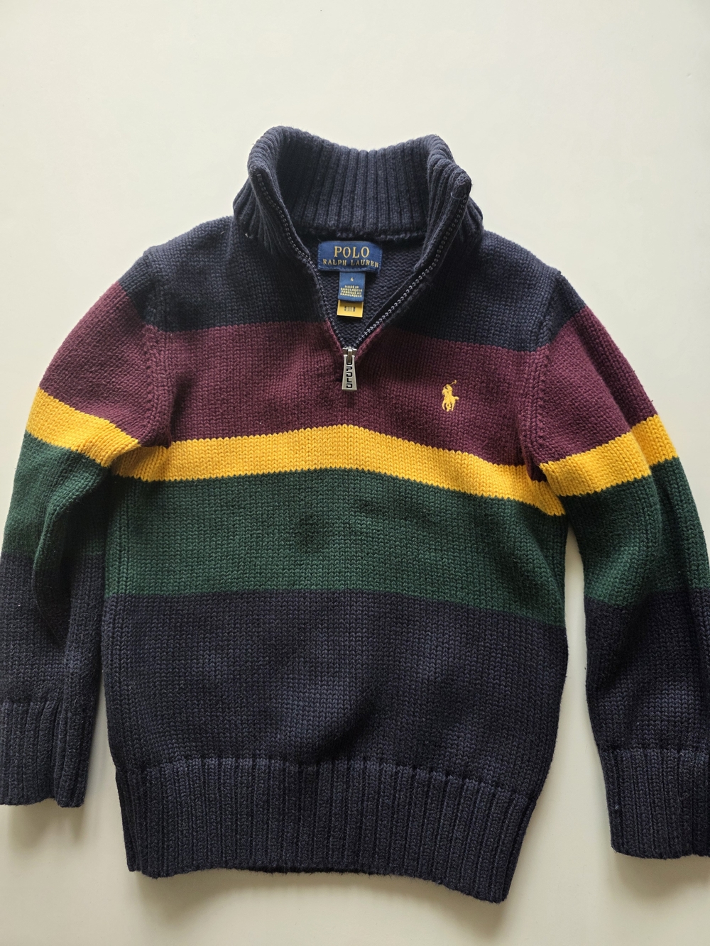 Polo by Ralph Lauren Navy, Burgundy, Green & Yellow Striped Half-Zip Sweater